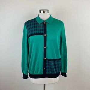 Alfred Dunner Green Black Plaid Colorblock Gold Button Blouse Top Women Medium